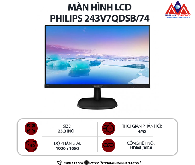 Màn hình máy tính Philips 243V7QDSB/74 (23.8 inch VA/ 1920 x 1080/ 250 cd/m2/ 4ms/ 75Hz), bảo hành 24 tháng