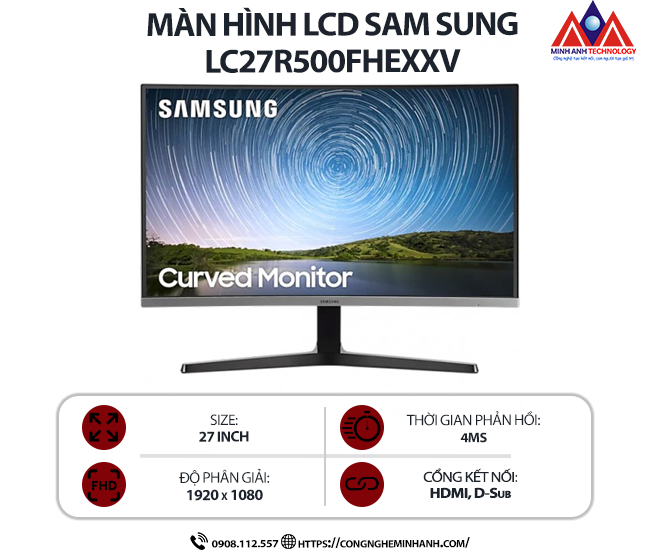 Màn hình máy tính Samsung LC27R500FHEXXV (27 inch IPS/ 1920 x 1080/ 250cd/m2/ 4ms/ 60Hz), bảo hành 24 tháng