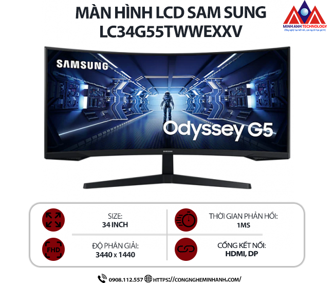 Màn hình máy tính Samsung Odyssey G5 LC34G55TWWEXXV (34 inch VA/ 3440 x 1440/ 250 cd/m2/ 1ms/ 165Hz/ Curved), bảo hành 24 tháng