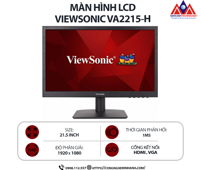 Màn hình máy tính Viewsonic VA2215-H (21.5 inch VA/ 1920 x 1080/ 250 cd/m²/ 1ms/ 100Hz), bảo hành 24 tháng