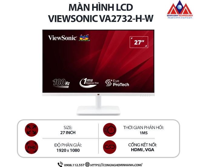 Màn Hình máy tính ViewSonic VA2732-H-W (27 inch IPS/ 1920 x 1080/ 250 cd/m2/ 1ms/ 100Hz), bảo hành 24 tháng