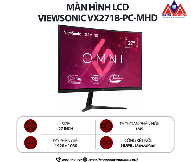 Màn hình máy tính Viewsonic VX2718-PC-MHD (27 inch VA/ 1920 x 1080/ 250 cd/m2/ 1ms/ 165Hz/ Curved), bảo hành 24 tháng