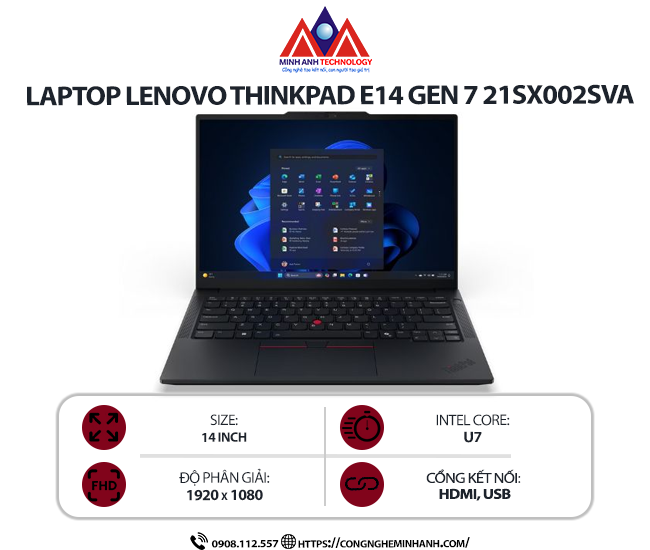 Laptop Lenovo ThinkPad E14 Gen 7 21SX002SVA (U7-255H/ Ram 16GB/ SSD 512GB/ Windows 11/ 1Y/ Đen)