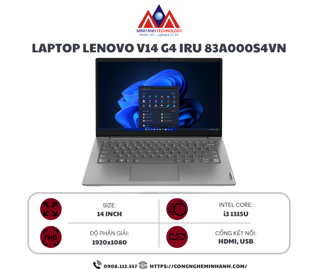Laptop Lenovo V14 G4 IRU (I3 1315U/ 8GB/ 512GB SSD/ 14 inch FHD/ Win11/ Grey/ 2Y)