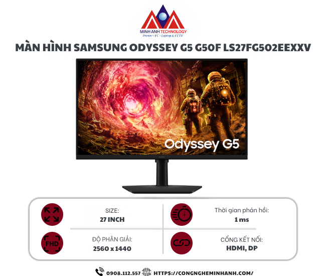 Màn Hình Gaming SAMSUNG Odyssey G5 G50F LS27FG502EEXXV (27 inch/ IPS/ 2K/ 180Hz/ 1ms)