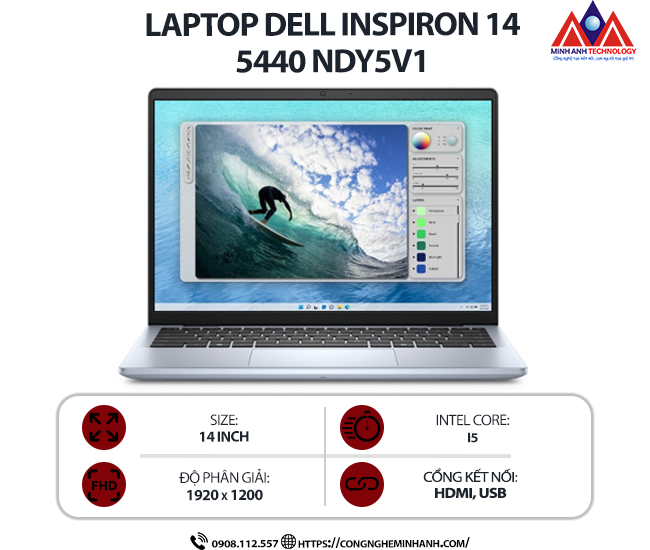 Laptop Dell Inspiron 14 5440 NDY5V1 (i5 1334U/ Ram 16GB/ SSD 512GB/ Windows 11/ Office/ 1Y/ Xanh)