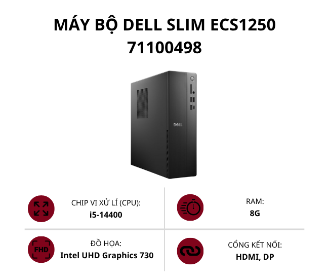 Máy bộ Dell Slim ECS1250 71100498 (Core i5-14400/ Ram 8GB/ SSD 512GB/ Win 11 Home/ 2Y)