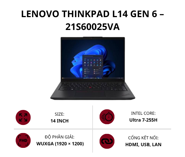 Laptop Lenovo ThinkPad L14 Gen 6 21S60025VA  (Ultra 7-255H/ 16GB/ 512GB SSD/ 14 inch WUXGA/ NoOS/ 2Y Premier Support)