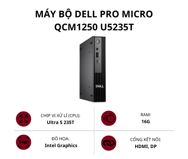 Máy bộ Dell Pro Micro QCM1250 U5235T (Core Ultra 5 235T/ Ram 16GB/ SSD 512GB/ Intel Graphics/ Win 11 Pro)