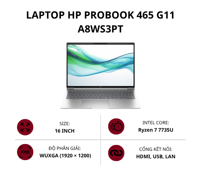 Laptop HP ProBook 465 G11 A8WS3PT (Ryzen 7 7735U/ Ram 8GB/ SSD 512GB/ 16