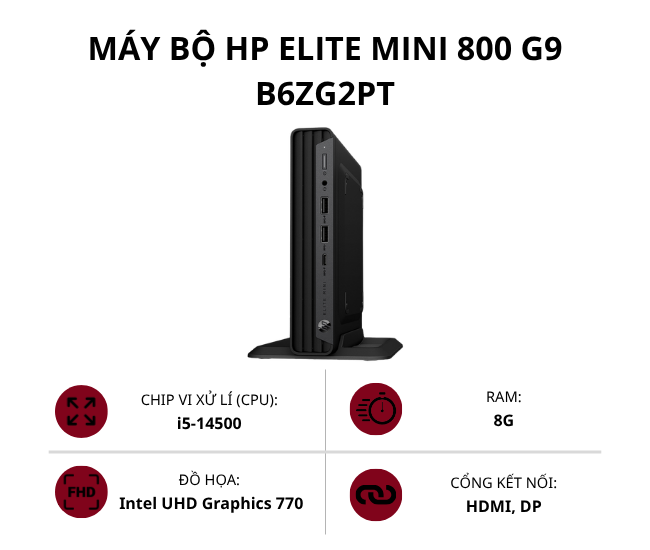 Máy bộ HP Elite Mini 800 G9 B6ZG2PT (Core i5-14500/ Ram 8GB/ SSD 512GB/ Intel UHD Graphics 770/ Win 11 Home SL)