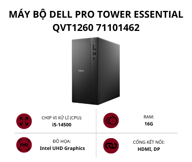 Máy bộ Dell Pro Tower Essential QVT1260 71101462 (Core i5-14500/ Ram 16GB/ SSD 512GB/ Intel UHD Graphics/ Win 11 Home)