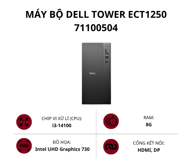Máy bộ Dell Tower ECT1250 71100504 (Core i3-14100/ Ram 8GB/ SSD 512GB/ Intel UHD Graphics 730/ Win 11 Home SL)