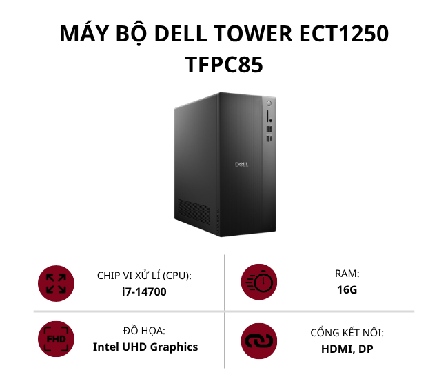 Máy bộ Dell Tower ECT1250 TFPC85 (Core i7-14700/ Ram 16GB/ SSD 1TB/ Intel UHD Graphics/ Win 11 Home SL)