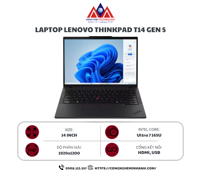 Laptop Lenovo ThinkPad T14 GEN 5 (Ultra 7 165U vPro/ 32GB/ 1TB SSD/ 14 inch WUXGA/ Win 11 Pro/ Black/ 3Y Premier Support)