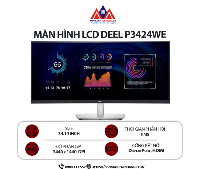 Màn hình máy tính Dell P3424WE (34.14 inch/ 3440 x 1440/ 300 cd/m2/ 5ms/ 60Hz), bảo hành 24 tháng