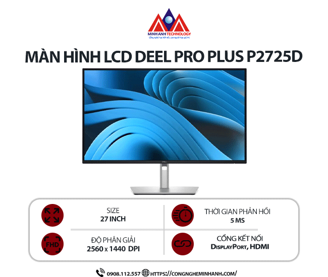 Màn hình máy tính Dell Pro Plus P2725D (27 inch/ 2560 x 1440/ 5ms/ 100Hz), bảo hành 24 tháng