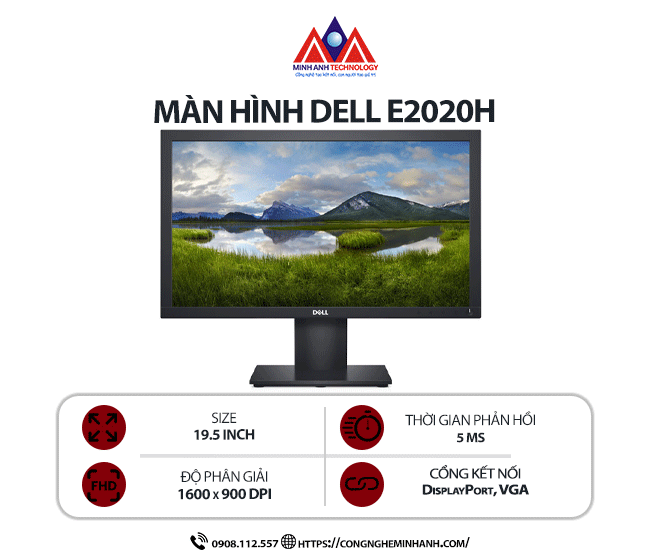 Màn hình máy tính Dell E2020H (19.5 inch / 1600x900 / 250 cd/m² / 5ms / 60Hz), bảo hành 24 tháng