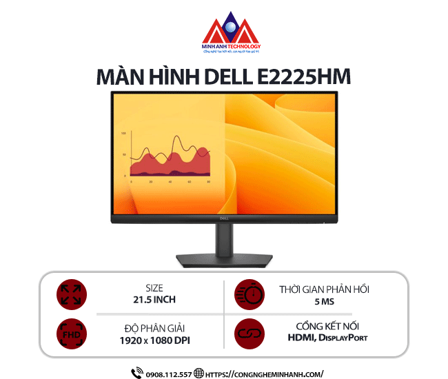Màn hình máy tính Dell E2225HM (21.5 inch / 1920x1080 / 250 cd/m² / 5ms / 100Hz), bảo hành 24 tháng