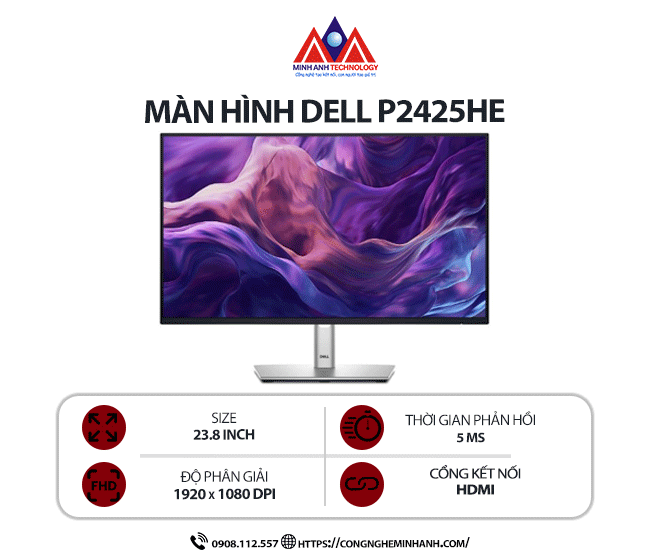 Màn hình máy tính Dell P2425HE (23.8 inch / 1920x1080 / 250 cd/m² / 5ms / 100Hz), bảo hành 24 tháng