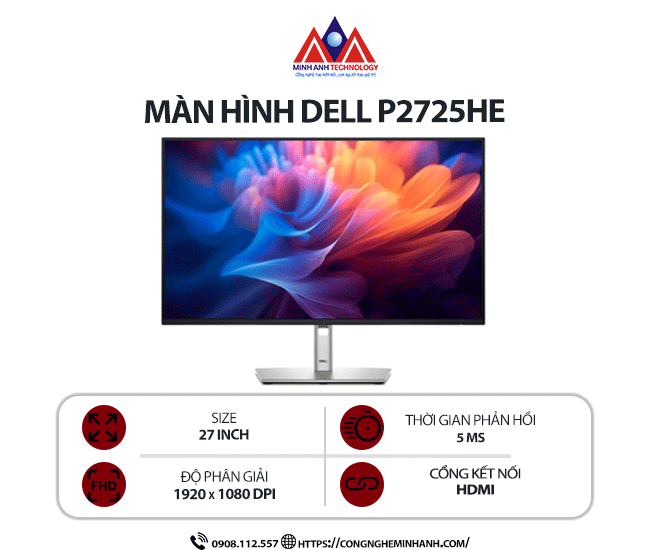 Màn hình máy tính Dell P2725HE (27 inch / 1920x1080 / 300 cd/m² / 5ms / 100Hz), bảo hành 24 tháng
