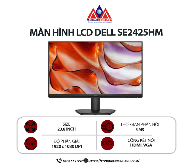 Màn hình máy tính Dell SE2425HM (23.8 inch/ 1920 x 1080/ 250 cd/m2/ 5ms/ 100Hz), bảo hành 24 tháng