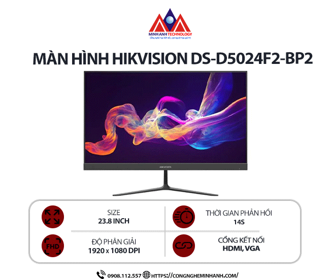 Màn hình máy tính Hikvision DS-D5024F2-AV2 (23.8 inch/ 1920 x 1080/ 250 cd/m2/ 7ms/ 100Hz), bảo hành 24 tháng