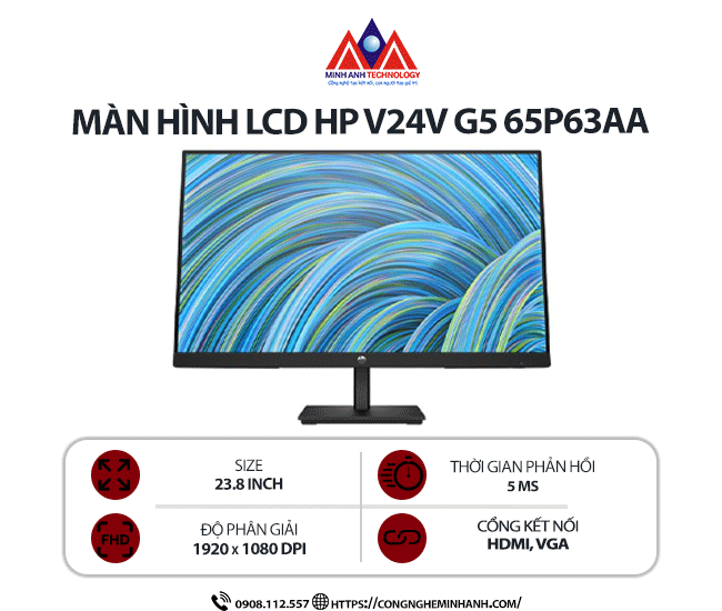 Màn hình máy tính HP V24v G5 65P63AA (23.8 inch/ 1920 x 1080/ 250 cd/m2/ 5ms/ 75Hz), bảo hành 24 tháng