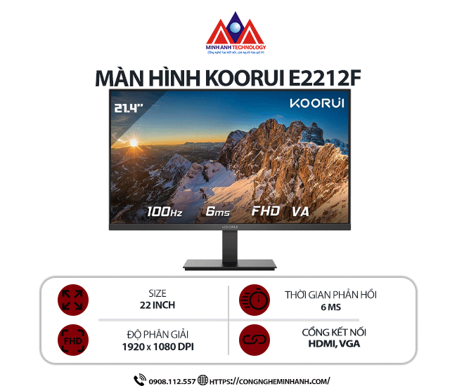 Màn hình máy tính Koorui E2212F (22 inch / 1920 x 1080 / 250 cd/m2 / 6ms / 100Hz), bảo hành 24 tháng