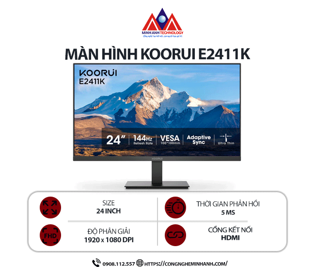 Màn hình máy tính Koorui E2411K (24 inch / 1920 x 1080 / 250 cd/m2 / 5ms / 144Hz), bảo hành 24 tháng