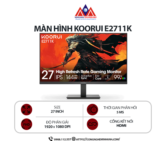Màn hình máy tính Koorui E2711K (27 inch / 1920 x 1080 / 250 cd/m2 / 5ms / 144Hz), bảo hành 24 tháng