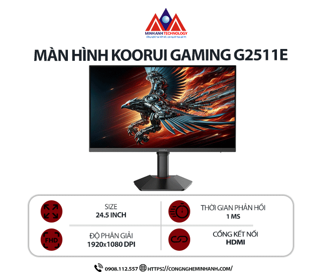 Màn hình máy tính Koorui Gaming G2511E (24.5 inch / 1920 x 1080 / 250 cd/m2 / 1ms / 320Hz), bảo hành 24 tháng