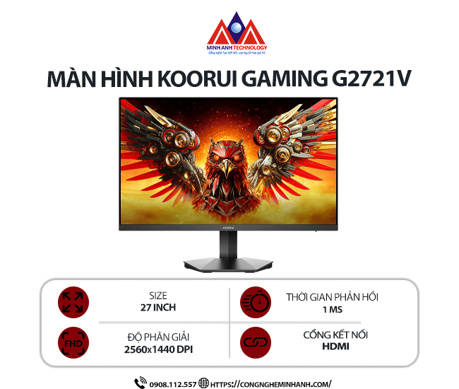 Màn hình máy tính Koorui Gaming G2721V (27 inch / 2560 x 1440 / 350 cd/m2 / 1ms / 180Hz), bảo hành 24 tháng