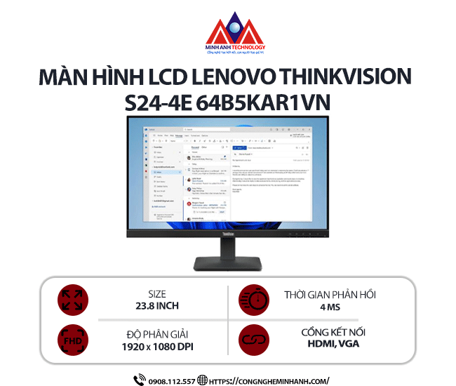 Màn hình máy tính Lenovo ThinkVision S24-4e 64B5KAR1VN (23.8 inch/ 1920 x 1080/ 250 cd/m2/ 4ms/ 100Hz), bảo hành 24 tháng