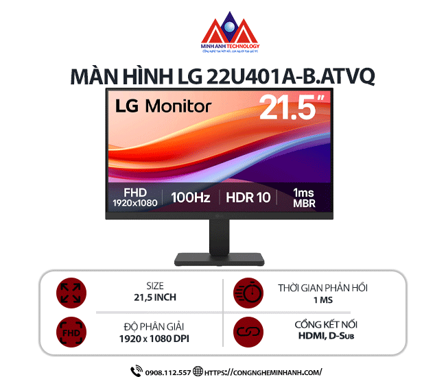Màn hình máy tính LG 22U401A-B.ATVQ (23.8 inch IPS/ 1920 x 1080/ 220cd/m2/ 5ms/ 100Hz) , bảo hành 24 tháng