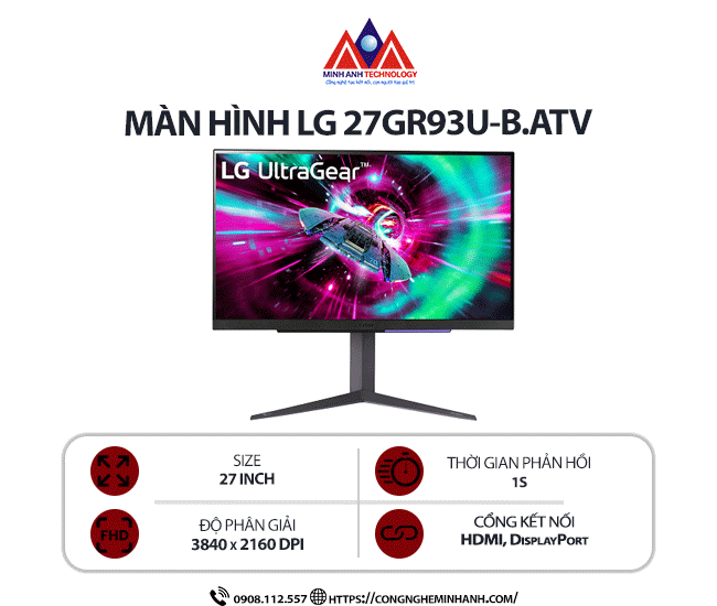Màn hình máy tính LG 27GR93U-B.ATV (27 inch/ 3840 x 2160/ 400 cd/m2/ 1ms/ 144Hz), bảo hành 24 tháng