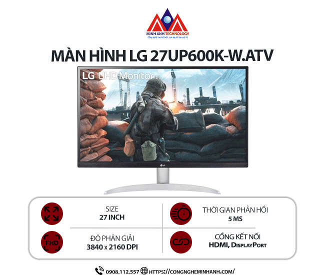 Màn hình máy tính LG 27UP600K-W.ATV (27 inch/ 3840 x 2160/ 320 cd/m2/ 5ms/ 60Hz), bảo hành 24 tháng