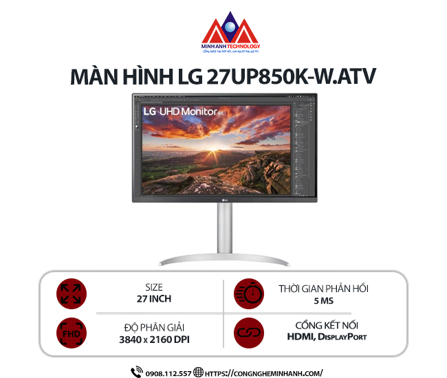 Màn hình máy tính LG 27UP850K-W.ATV (27 inch/ 3840 x 2160/ 400 cd/m2/ 5ms/ 60Hz), bảo hành 24 tháng