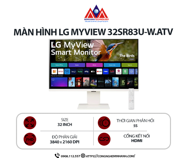 Màn hình máy tính LG MyView 32SR83U-W.ATV (32 inch/ 3840 x 2160/ 400 cd/m2/ 5ms/ 60Hz), bảo hành 24 tháng