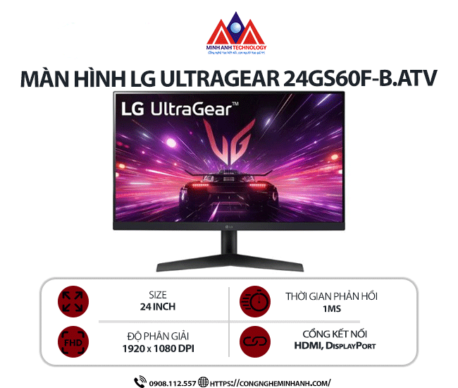 Màn hình máy tính LG UltraGear 24GS60F-B.ATV (24 inch/ 1920 x 1080/ 300 cd/m2/ 1ms/ 180Hz), bảo hành 24 tháng