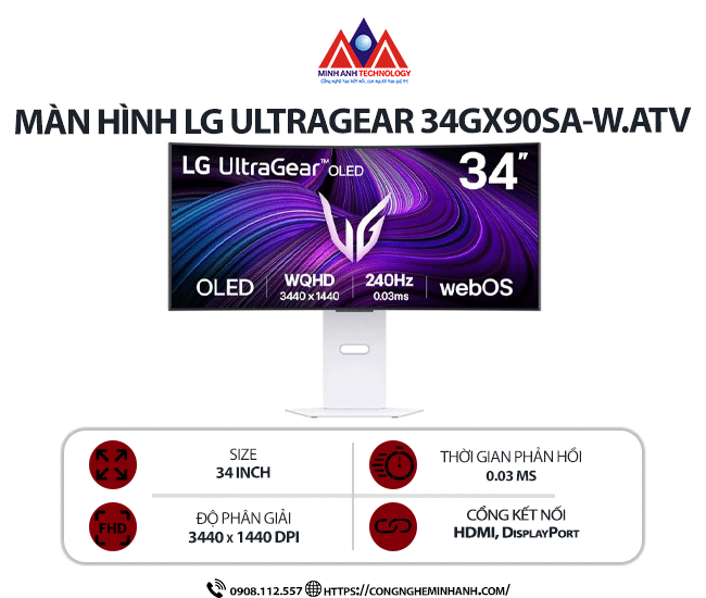 Màn hình máy tính LG UltraGear 34GX90SA-W.ATV (34 inch/ 3440 x 1440/ 275 cd/m2/ 0.03ms/ 240Hz), bảo hành 24 tháng