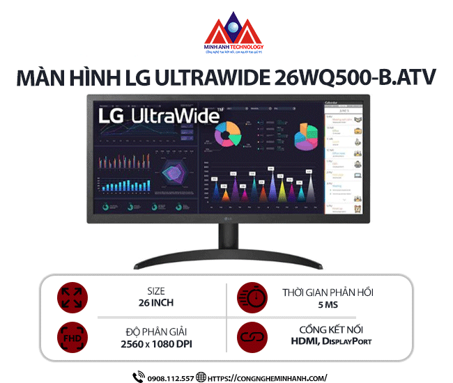 Màn hình LCD LG UltraWide 26WQ500-B.ATV (26 inch/ 2560 x 1080/ 250 cd/m2/ 5ms/ 75Hz), bảo hành 24 tháng