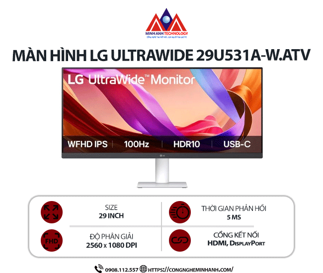 Màn hình máy tính LG UltraWide 29U531A-W.ATV (29 inch/ 2560 x 1080/ 250 cd/m2/ 5ms/ 100Hz), bảo hành 24 tháng