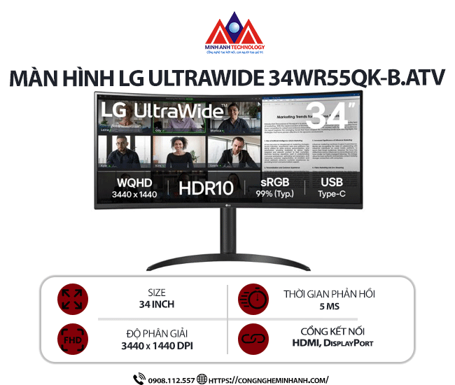 Màn hình máy tính LG UltraWide 34WR55QK-B.ATV (34 inch/ 3440 x 1440/ 240 cd/m2/ 5ms/ 100Hz), bảo hành 24 tháng