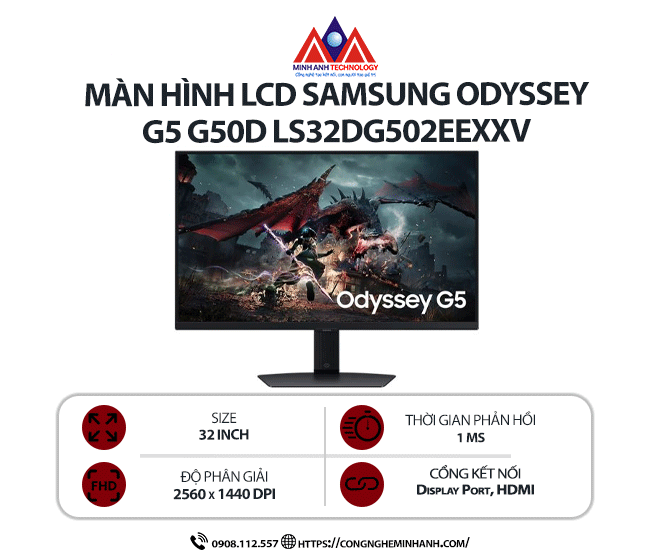 Màn hình máy tính Samsung Odyssey G5 G50D LS32DG502EEXXV (32 inch/ 2560 x 1440/ 280 cd/m2/ 1ms/ 180Hz)