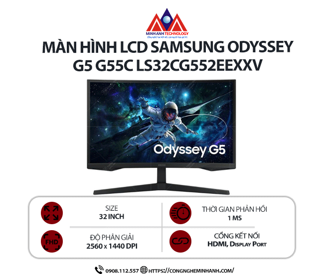Màn hình máy tính Samsung Odyssey G5 G55C LS32CG552EEXXV (32 inch/ 2560 x 1440/ 300cd/m2/ 1ms/ 165Hz)