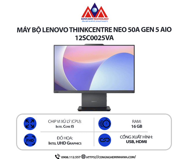 Máy bộ Lenovo ThinkCentre Neo 50a 24 Gen 5 AIO 12SC0025VA (i5 -13420H/ Ram 16GB/ SSD 512GB/ Windows 11/ 1Y)