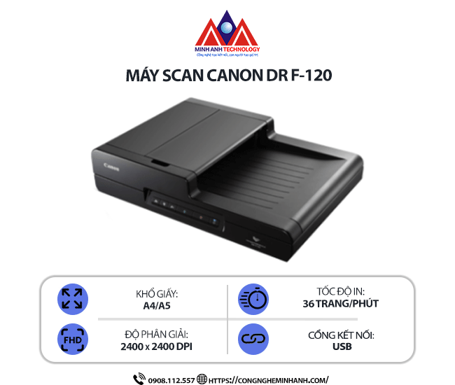 Máy scan Canon DR-F120 - Scan 2 mặt tự động, kết nối USB, scan khổ A4/A5, quét tài liệu/ảnh, scan tốc độ cao