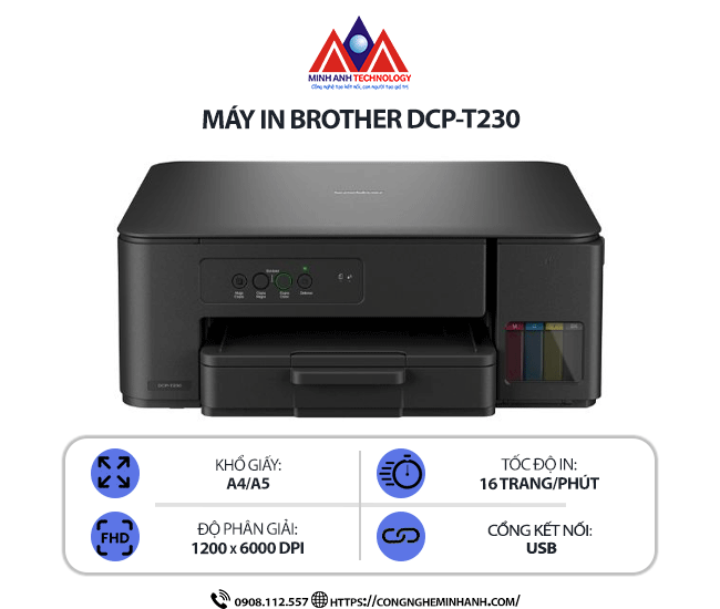 Máy in Brother DCP-T230 - In phun màu đa năng, Scan, Copy, in ảnh sắc nét kết nối cổng USB, tiết kiệm mực