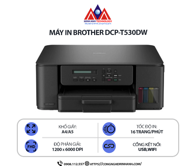 Máy in Brother DCP-T530DW - In phun màu đa năng, Scan, Copy, in tốc độ cao, in 2 mặt tự động, kết nối Wifi & cổng USB
